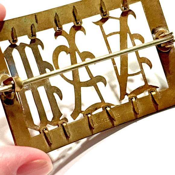 Antique Victorian Brooch Scarf Pin Monogram Insignia Goldtone Brass? Rectangle - Picture 6 of 10